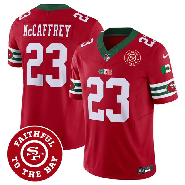 Men's Red San Francisco 49ers #23 Christian McCaffrey F.U.S.E. Mexico Faithful To The Bay Patch Vapor Limited Stitched Football Jersey